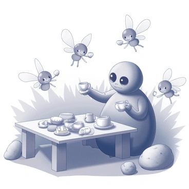 A whimsical scene of a small golem enjoying tea with fairies in a cozy nook.