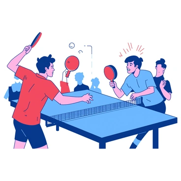 Two players are intensely engaged in a fast-paced table tennis game. One player, wearing a vibrant red shirt, is poised with their paddle raised, ready to strike the ball. The ball is mid-air, reflecting light as it moves towards the other player. The second player, dressed in a contrasting blue shirt, is crouched slightly, preparing to respond with a swift swing of their paddle. The table tennis table is positioned in the center, with a net separating the two players, and the background features a cheering crowd blurred out, adding to the dynamic atmosphere of the match.