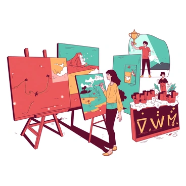 A sequence of illustrations showcasing "an artist's journey" begins with a vibrant red canvas, featuring an artist in the foreground, holding a paintbrush. The artist is depicted with focused expression, standing beside a large easel. In the background, layers of scenes unfold, illustrating key moments in the artist's progression. 

The next illustration shows the artist in a teal studio filled with various art supplies and sketches scattered around. Sunlight streams through a window, casting clear shadows of the artist at work. The third illustration transitions to an outdoor setting, where the artist is painting a scenic landscape on an orange canvas, surrounded by blooming flowers. 

The final piece captures the artist at the V&A Awards, standing proudly on a stage, holding a trophy high above, with a backdrop of colorful banners celebrating creativity. Each illustration flows into the next, visually narrating the theme of growth and achievement in the artist's journey.
