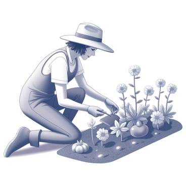 A gardener kneels on the ground, focused on nurturing a variety of plants. The gardener wears a wide-brimmed hat and gloves, showing a dedicated posture as they tend to the garden. Surrounding them are various flowers with distinct shapes and sizes, each with intricate petals. Additionally, there are rows of vegetables like tomatoes and carrots peeking above the soil. The scene conveys an outdoor setting with the sun shining overhead, casting defined shadows. The overall composition captures the harmony between the gardener and the flourishing plants.