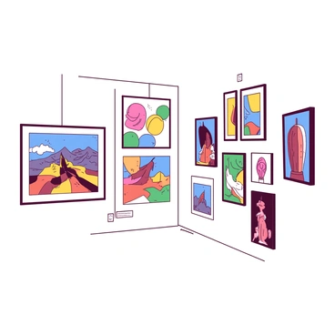 A white gallery wall displays a variety of diverse artwork mounted on illustration boards. The artwork includes colorful paintings, striking photographs, and intricate drawings. Each piece is framed with simple, elegant borders that allow the art to stand out. The arrangement of the pieces varies, with some artworks positioned higher and others lower, creating a dynamic visual flow. Soft lighting illuminates the wall, enhancing the vibrant colors of the artwork.