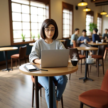 A freelancer with shoulder-length brown hair, wearing a light gray sweater and blue jeans, sits at a wooden table in a cozy café. The café has warm lighting and wooden accents, with plants on the windowsill. The freelancer is focused on a silver laptop, typing intently. Beside the laptop, there is a smartphone and a tablet, both displaying various apps. A steaming cup of coffee is placed in front of the laptop, along with a notebook and a pen. The atmosphere is inviting, with other patrons enjoying their drinks in the background.