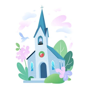 A picturesque church with a tall steeple is surrounded by blooming flowers and vibrant greenery. The church's facade is adorned with intricate stonework, and its stained glass windows reflect shades of blue, green, and red. Above the church, a clear sky is visible, adorned with soft, gradient pastel colors of pink and lavender, indicating the early morning light. A large bell is suspended in the steeple, and the sound of bells ringing can be imagined resonating through the peaceful scene. A few birds are flying in the distance, adding to the lively atmosphere of this Easter morning.