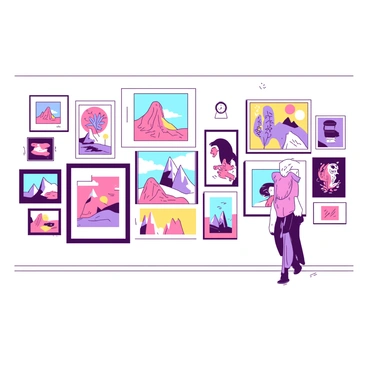A white digital gallery wall is filled with a diverse collection of illustrations created by freelance artists. Each illustration showcases a unique style and theme, with vibrant colors and intricate details. Some illustrations depict whimsical animals, while others feature abstract patterns and landscapes. The gallery wall is well-lit, allowing each piece to stand out against the smooth white background. Various frames in differing sizes and shapes encapsulate the artworks, creating a lively and inviting atmosphere.