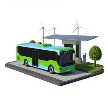 A smart bus with a sleek, modern design, featuring large windows and a smooth, aerodynamic shape, is parked at a charging station. The bus is painted in vibrant green and blue colors, symbolizing its eco-friendly technology. Surrounding the bus are solar panels mounted on the roof of the charging station, receiving sunlight. Wind turbines can be seen in the background, contributing to the renewable energy sources. The charging station has a futuristic look, with clear signage indicating its purpose and information about the energy sources used. Lush greenery and trees are present around the station, enhancing the setting's commitment to sustainability.