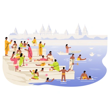 The busy Ghats of Varanasi are filled with people engaged in morning rituals along the Ganges River. The scene features numerous individuals wearing traditional Indian attire, some in colorful sarees and others in dhotis. They are gathered on the stone steps leading down to the river, with some individuals performing prayer and offering flowers into the water. The Ganges River flows calmly, reflecting the soft morning light. There are small oil lamps placed along the steps, and the air is filled with the presence of incense smoke. A variety of boats are anchored nearby, and some are gently floating on the river, while a few people are seen bathing in the water, symbolizing purification. In the background, the silhouettes of ancient temples and buildings create a picturesque skyline, adding depth to the vibrant scene.
