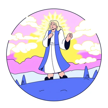 A prophet standing on a rocky mountaintop, wearing a flowing robe that billows gently in the wind. The prophet has long hair and is gazing upwards with an expression of awe. Surrounding the prophet are glowing clouds that shimmer in shades of gold and white, creating a radiant halo effect. The mountaintop is barren with sparse vegetation, and the sky is painted in vibrant hues of sunset, adding to the dramatic atmosphere.