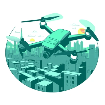 A teal drone is flying high above a bustling city, its camera pointed downwards. Below, a sprawling landscape of buildings and streets is visible, showcasing a mix of modern skyscrapers and historic structures. The drone's propellers are spinning rapidly, creating a dynamic sense of movement. A small display screen on the drone shows various data readings, indicating its function in capturing information for a survey. In the distance, the sun is setting, casting a warm light over the cityscape.