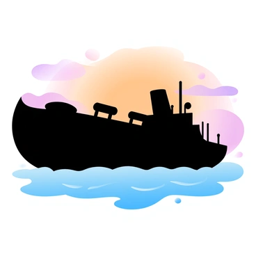 A large silhouette of a ship resembling "Noah's Ark" is positioned on the horizon. The ship features distinct elements such as a rounded top and a wide hull. The background showcases a "vibrant sunset" with gradient pastel colors blending into one another. The sky is filled with hues of orange, pink, and purple, reflecting onto the calm surface of the ocean. Gentle waves are present in the water, catching the colors of the sunset.