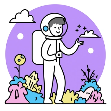 A brave boy is wearing a white astronaut suit with a large helmet, standing on a vibrant alien planet's surface. The ground is covered with various colorful plants and bizarre rock formations. In the background, there are two moons in a bright purple sky. The boy holds a small, glowing device in one hand, while his other hand is extended as if reaching out to touch a floating, luminescent creature nearby.
