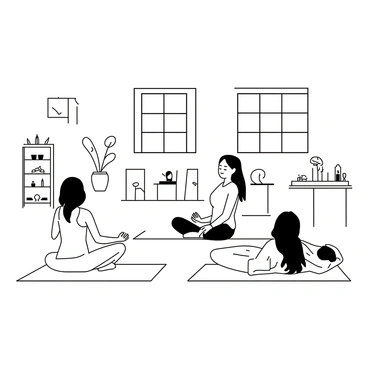 A spacious workshop filled with natural light filtering through large windows. Several women are seated on yoga mats, each in various meditation poses. One woman with long hair is sitting cross-legged, her eyes closed, and her hands resting on her knees. Another woman is lying on her back with her arms stretched out beside her. The walls are adorned with plants and calming imagery. In one corner, a table displays candles, crystals, and other mindfulness tools. The atmosphere is tranquil and focused, emphasizing the practice of mindfulness.