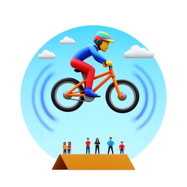A BMX rider in mid-air, executing a trick with their bike. The rider is wearing a colorful helmet and protective gear. The bike is a sleek design with a bright color scheme. Below the rider, the ground is visible with a few scattered spectators watching in amazement. A playful "sonic boom" effect is illustrated around the bike, with circular waves emanating from the rider. The background features a blue sky with a few fluffy clouds, emphasizing the thrill of the performance.