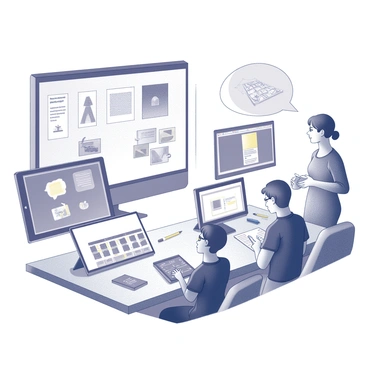 A virtual art festival showcasing various presentations and workshops. The scene features multiple screens displaying different aspects of Adobe Illustrator techniques. Some screens show detailed diagrams illustrating design principles, while others display tutorials in progress. Participants are visible engaging with the content, taking notes and interacting through chat bubbles. Various digital art tools like graphic tablets and styluses are present on desks. The overall atmosphere conveys a sense of creativity and collaboration among digital artists.