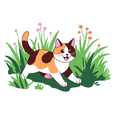 A calico cat with patches of orange, black, and white fur is playfully running through tall green grass in a sunlit field. The grass is swaying slightly in a gentle breeze, creating a wave-like effect as the cat darts between the blades. In the background, there are a few wildflowers dotted throughout the field, adding bursts of color around the cat. The sunlight casts warm, soft shadows on the ground, highlighting the cat's lively movements.