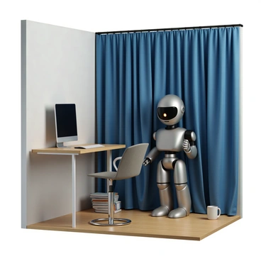 A room with light-colored walls and a wooden floor, featuring a desk that holds a modern computer with a sleek monitor and a mechanical keyboard. Beside the computer, there is a small pile of books and a coffee mug. A large curtain in a deep blue color partially covers one wall, and behind it, there is a robot with a metallic finish, partially hidden from view. The robot has a humanoid shape and glowing eyes, hinting at its advanced technology. The lighting in the room casts soft shadows, creating a subtle atmosphere.