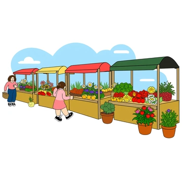 A vibrant farmers' market scene with several stalls lined up in a row. Each stall is bursting with fresh produce, including bright red tomatoes, green leafy vegetables, and various colorful fruits like oranges and apples. One stall features an array of vibrant flowers in pots, showcasing sunflowers, daisies, and tulips. Shoppers, including a woman with curly hair and a basket, are browsing the items at the stalls, while a child with pigtails points excitedly at a bouquet of flowers. The background is filled with a clear blue sky and a few fluffy white clouds.
