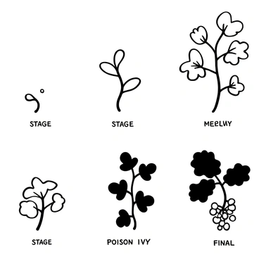 A black-and-white illustration depicting the different stages of poison ivy growth. The first stage shows small, budding leaves emerging from the ground. The second stage features the plant with slightly larger leaves, displaying a more defined leaf structure. The third stage illustrates mature poison ivy with fully developed leaves, showing the characteristic three-leaf configuration. The final stage showcases the plant with clusters of small white berries and an abundance of broad leaves. Each stage is labeled with the corresponding growth phase.