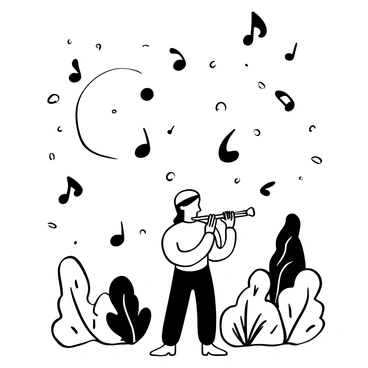 Musical notes depicted as whimsical, abstract shapes floating in the air. A figure of a man with a tunic and a hat stands playing a flute, surrounded by the notes. The man's silhouette is poised with one leg slightly forward, giving a sense of movement. The surrounding environment is suggested to be a forest, with stylized trees and leaves outlined in black. The notes swirl around him, creating a dynamic flow that suggests music filling the air.