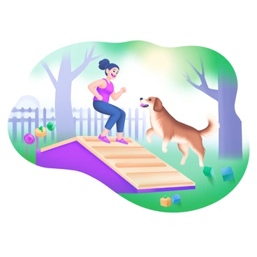 A backyard scene featuring a person in workout attire performing step-ups on a wooden platform. The person has a joyful expression as they engage in their exercise routine. Playfully joining them is a medium-sized dog, with fluffy fur and a wagging tail, eagerly jumping around the platform. Sunlight filters through the trees, casting soft shadows on the grass below. Various garden elements, including colorful flowers and a small fence, are visible in the background.