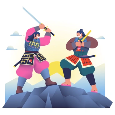 Two samurais are engaged in a fierce sword clash on a rocky mountain top. The first samurai, wearing traditional armor with intricate patterns, holds a katana positioned high above his head, ready to strike. He has long black hair pulled back in a topknot and a determined expression on his face. The second samurai stands with his feet firmly planted, his sword extended in a defensive posture, his armor adorned with splashes of red and gold. The sun is rising in the background, casting a warm golden light across the scene, illuminating the edges of the samurais and the rugged terrain around them. Wisps of clouds drift in the sky, and the distant peaks are bathed in a soft glow.