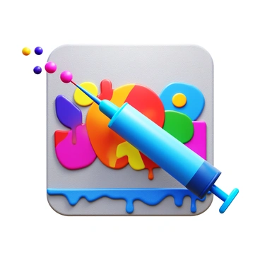 A syringe filled with bright paint is being used to create a vibrant mural on a textured wall. The mural includes a variety of colors, featuring bold strokes and intricate patterns. Drops of paint splatter delicately from the syringe onto the wall, adding to the artwork's dynamic appearance. The wall has a rough surface, enhancing the visual contrast between the smooth syringe and the uneven texture of the mural background. 