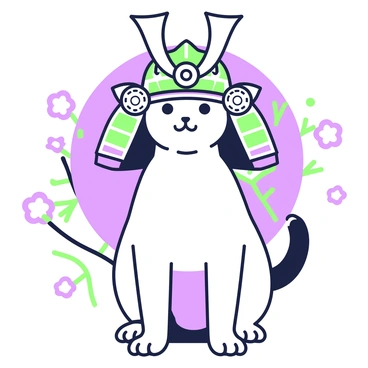 A cat with a sleek coat is wearing an ornate samurai kabuto helmet. The helmet features intricate designs and embellishments that highlight its historical significance. The cat stands tall, with its chest puffed out, exuding an air of gallantry. Its eyes are focused and alert, capturing a sense of pride. The backdrop includes traditional Japanese elements such as cherry blossom branches, subtly framing the scene.