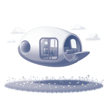 A bubble-shaped house with a smooth, reflective exterior is suspended in the air. The structure features rounded edges and large, transparent windows that provide a view of the inside. Below the house, a vast field of grass stretches out, dotted with wildflowers. The scene captures the contrast between the innovative architecture of the floating house and the natural landscape beneath it. There are wispy clouds surrounding the house, enhancing the feeling of lightness and elevation.