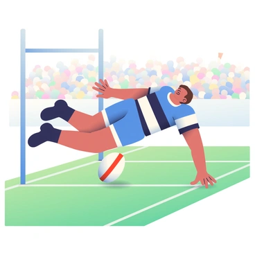 A rugby player with short brown hair is diving towards the ground to score a try. He is wearing a bright blue jersey with white stripes, along with matching shorts and black cleats. The player's body is angled forward, with his arms outstretched in front of him, reaching for the ball. In the background, there is a blurred crowd of fans in the stands, waving flags and cheering. The grassy field beneath him is vibrant green, with white lines marking the try zone. The scene captures the intensity and excitement of the moment.