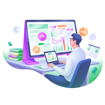 An economist is sitting at a sleek, modern desk, intently examining a large digital screen filled with various cryptocurrency symbols such as “BTC,” “ETH,” and “LTC.” The screen displays colorful graphs and charts showcasing market trends and fluctuations. The economist is wearing glasses, with short hair, and is dressed in a professional attire. Surrounding the desk are stacks of financial reports and a laptop that is open, showing additional financial data. The atmosphere is filled with an air of concentration and analysis as the economist interacts with the screen.