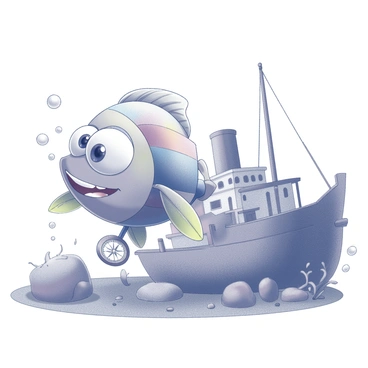 A cartoon fish with exaggerated features, including large eyes and a wide smile, is wearing a colorful backpack. The fish is swimming through a sunken ship that is partially covered in marine vegetation. The ship has broken masts and windows, revealing its interior. The fish is holding a compass in one fin, looking curious and adventurous. Bubbles are rising around the fish as it explores the area, giving a sense of movement in the underwater scene.