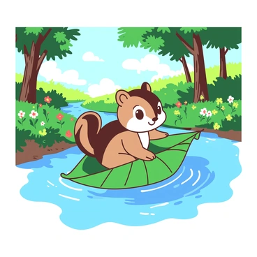 A brown chipmunk with large expressive eyes is sitting comfortably on a small green leaf boat as it floats down a gentle stream. The leaf is a vibrant green color, gently cradling the chipmunk as it navigates the clear water. The stream is bordered by lush green grass and colorful wildflowers, creating a peaceful and vivid scene. Ripples form in the water around the leaf boat, reflecting the surrounding elements. In the background, tall trees with rich green foliage line the stream, filtering dappled sunlight onto the water's surface.
