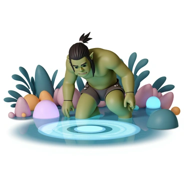 An orc, with green skin and muscular build, is kneeling by a crystal-clear pool. The orc has long, dark hair tied back and wears simple leather armor. He is peering intently into the water, reflecting his rugged features. Surrounding the pool are glowing stones in various colors, casting an ethereal light over the scene. The environment is lush, with vibrant foliage adding to the vividness of the moment. The orc's expression shows curiosity and contemplation as he gazes into the depths of the water.