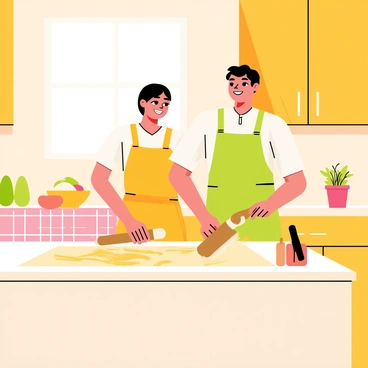 A couple standing together in a cozy kitchen, engaged in making pasta from scratch. One person is rolling out a sheet of dough with a wooden rolling pin, while the other is cutting the dough into strips with a knife. The kitchen is warmly lit, with wooden cabinets and a checkered tablecloth on the countertop. A bowl of flour and a container of eggs are placed nearby, and there are fresh herbs in a small pot on the windowsill. The couple shares a smile, creating a warm and inviting atmosphere.