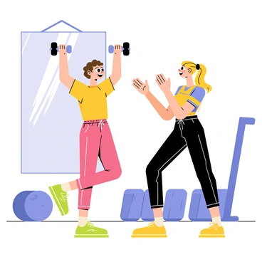 Two friends are standing in a gym, each wearing colorful workout clothes. One friend, with short brown hair, is lifting a set of dumbbells above their head, displaying focused determination. The other friend, with long blonde hair tied in a ponytail, is cheering enthusiastically, clapping their hands, and offering encouraging words. The background features various gym equipment, including weights and exercise machines. A large mirror reflects their energetic expressions, capturing the supportive atmosphere of their workout session.