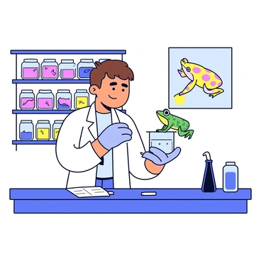 A scientist in a white lab coat is carefully holding a small colorful frog with green and yellow patterns. The frog is positioned above a clear glass container that is labeled "Venom Collection." The scientist has short brown hair and is wearing protective gloves while looking intently at the frog. Nearby, there is a table with various scientific instruments, including a pipette and a notepad with written notes. The background features shelves filled with labeled jars of specimens and a poster of amphibian anatomy on the wall.