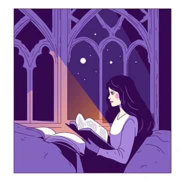 A reader with brown hair sitting comfortably by a large window featuring ornate gothic arches. The moonlight is streaming through the window, casting soft shadows and illuminating the reader's face. The reader is holding an open book, with a focused expression, completely engrossed in the story. The window's edges are adorned with intricate details, and outside the window, a dark night sky is visible with a few distant stars. The room is dimly lit, enhancing the warm glow of the moonlight on the pages of the book.