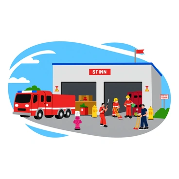 The exterior of a bustling fire station with a bright red fire truck parked in front. Firefighters in full gear are seen preparing equipment, including hoses and ladders. The station's large garage doors are partially open, revealing additional vehicles and tools inside. A blue sky with fluffy white clouds serves as a backdrop. The nearby fire hydrants and warning signs add to the lively scene, while a flag proudly waves in the gentle breeze.