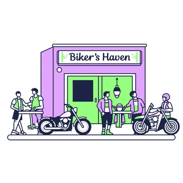 A rugged biker bar is depicted with a view of several motorcycles parked in front. The motorcycles are lined up neatly, showcasing different styles and designs. The entrance of the bar features a large wooden door, framed by a sign that reads "Biker's Haven." Outside, groups of leather-clad patrons are gathered, some leaning against the motorcycles and engaging in conversations. A few patrons are seated at rustic wooden tables, while others are standing, wearing various biker vests and helmets. The atmosphere conveys a sense of camaraderie and the spirit of the open road.