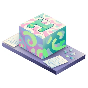 A complex puzzle box with intricate designs is placed on a wooden table. The box is adorned with vibrant hydrapple motifs featuring swirling patterns in shades of green and purple. Each side of the box displays a different hydrapple design, showcasing a mix of smooth curves and sharp angles. Surrounding the box are scattered pieces of paper with sketches of possible solutions and notes. The room is softly lit, creating gentle shadows that highlight the details of the puzzle box.