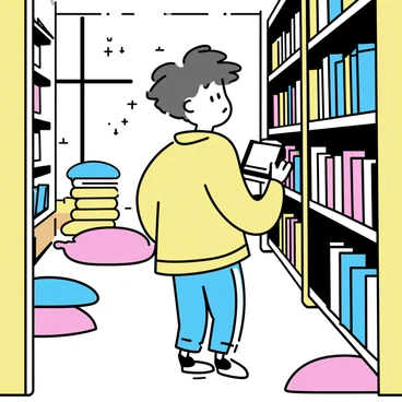 A boy with tousled hair is quietly browsing through wooden shelves filled with books in a library. He is wearing a cozy, oversized sweater and has a look of concentration on his face. The shelves are lined with colorful book covers, and a few books are slightly ajar, suggesting recent use. The warm lighting creates a soft glow throughout the space, and a large window lets in sunlight, illuminating dust particles in the air. There are comfortable seating areas with cushions scattered around, enhancing the inviting atmosphere of the library.