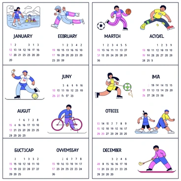 A dynamic sports-themed calendar with illustrations depicting major sporting events each month