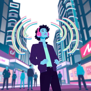 A young person with medium skin tone and short curly hair is standing on a bustling city street. They are wearing large over-ear headphones that fit snugly against their head. Colorful sound waves, represented as vibrant arcs and lines, are emerging from the headphones, spreading outward in various shades of blue, pink, green, and yellow. The busy street features blurred silhouettes of pedestrians and towering buildings, creating a dynamic urban environment. Some elements of the street include neon signs and colorful storefronts, enhancing the lively atmosphere around them.
