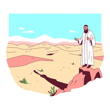 A white-robed pastor stands on a small elevated rock formation, delivering a sermon with earnest expression. The vast desert landscape stretches infinitely in every direction, with rolling sand dunes creating soft, curved lines in the foreground. The sky above is a gradient of blue, transitioning into a warm hue as it meets the horizon. Sparse vegetation, such as small green shrubs and cacti, can be seen scattered throughout the sandy terrain. Sunlight casts long shadows, emphasizing the isolation of the scene and the figure of the pastor against the expansive backdrop.