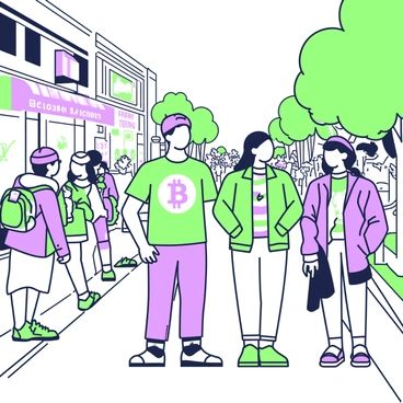 A bustling street scene filled with people interacting and walking along the sidewalk. A man is wearing a bright shirt featuring a large "Bitcoin" logo. Next to him, a woman is dressed in a jacket adorned with various cryptocurrency symbols. A group of friends stands together, each wearing unique accessories such as hats, scarves, and backpacks with Bitcoin designs. In the background, there are storefronts showcasing various goods, along with trees lining the street. The atmosphere is lively with a mix of people engaged in conversations and enjoying the day.