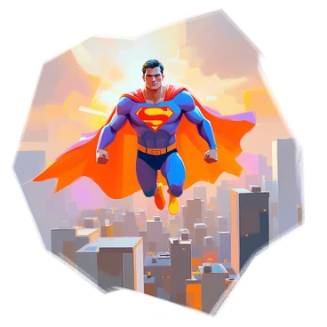 A superhero character with strong features, wearing a tight-fitting costume in vibrant colors with a flowing cape displaying the "ETF" logo prominently. The superhero is depicted soaring through the sky above a bustling cityscape, with tall skyscrapers and an array of rooftops visible below. The sun is setting in the background, casting a warm glow over the buildings. The superhero's expression is determined and confident as they navigate through the clouds.