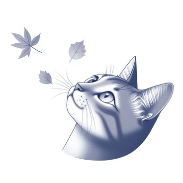 A close-up of a cat's face, focusing on its nose. The cat appears curious, with its eyes wide open, as leaves are swirling around it in a gentle breeze. The leaves have varied shapes and sizes, depicting an autumn theme. Some leaves are close to the cat's nose, creating a sense of interaction, while others float in the air nearby. The setting evokes the essence of a crisp autumn day.