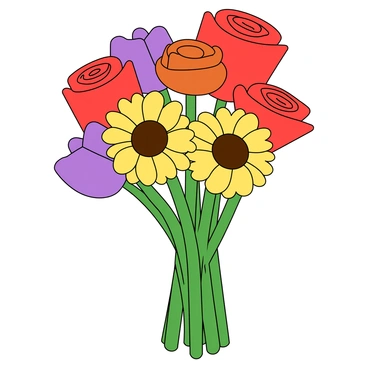 A colorful bouquet made up of balloons shaped like different types of flowers. There are red roses, bright yellow sunflowers, and purple tulips among the assortment. Each balloon flower has long green stems that extend down. The bouquet is arranged in a playful manner, with some flowers appearing larger and others smaller, creating a sense of depth and variety. The background features a simple table that the bouquet is placed on, enhancing the cheerful atmosphere.