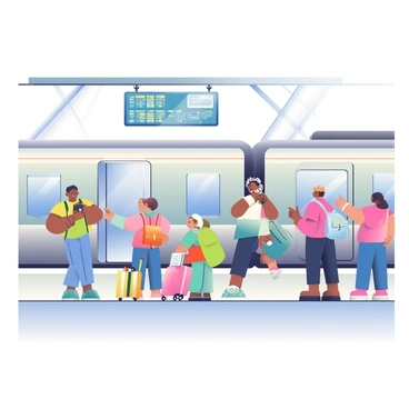 An express train with a sleek, silver exterior is arriving at an airport platform. The train's doors are opening, revealing a bright interior. Passengers with various luggage items, including colorful suitcases and backpacks, are eagerly lined up on the platform, ready to board. A woman with curly hair is checking her watch while a child is pointing excitedly at the train. Several people are chatting, and there is a large digital display above showing the train schedule. The platform features modern architectural details with gray tiles and glass walls, reflecting the bustling atmosphere of the airport.