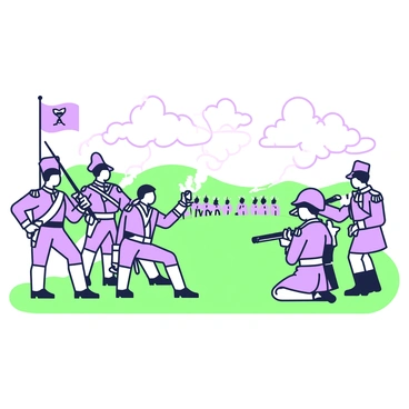 A historical battle scene unfolds on an open field. In the foreground, there are several soldiers wearing classic uniforms, each with distinctive details such as epaulettes and hats. One soldier is brandishing a sword, while another is kneeling, aiming a musket. They are arranged in a dynamic formation, facing an opposing force in the distance. Smoke billows in the air, adding to the intensity of the moment. In the background, a flag waves high above the soldiers, and there are rolling hills under a cloudy sky. The entire scene is framed as if it is captured in an engraving, emphasizing the dramatic expressions and intricate details of the uniforms.
