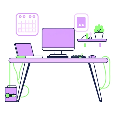 An organized home office setup is displayed on a sleek desk. On the left side, there is a laptop positioned on a stand with the screen open. Next to it, a monitor is mounted on a separate stand. Both devices have a green-and-purple cable running neatly down to a cable management box located on the floor. To the right, there is a keyboard and mouse arranged on the desk with a green-and-purple cable connecting them to the laptop. In the background, a potted plant sits on a shelf, adding to the organized space. The wall features a calendar and some framed artwork hung neatly.